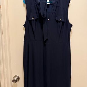 Navy Sleeveless Tie-Neck Midi Dress